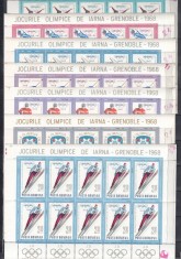 ROMANIA 1967 LP 657 b J.O. DE IARNA-GRENOBLE SET COLI MICI DE 10 TIMBRE+5 VINIETE STARE MNH