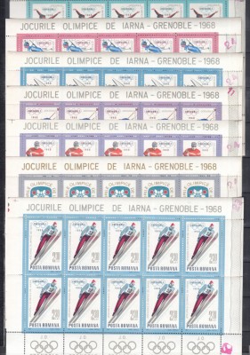 ROMANIA 1967 LP 657 b J.O. DE IARNA-GRENOBLE SET COLI MICI DE 10 TIMBRE+5 VINIETE STARE MNH foto