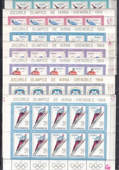 ROMANIA 1967 LP 657 b J.O. DE IARNA-GRENOBLE SET COLI MICI DE 10 TIMBRE+5 VINIETE STARE MNH