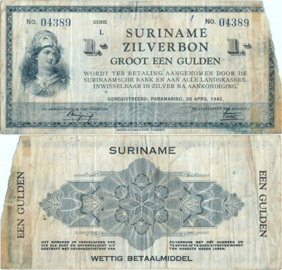1942 ( 30 IV ) , 1 gulden ( P-105c ) - Surinam foto