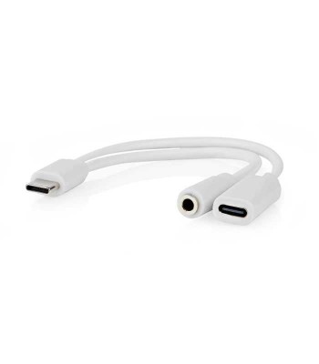 Adaptor PROFESIONAL USB type C tata - USB-C mama / Jack 3.5 mm mama casti 10cm alb Nedis CCGB64922WT01 foto