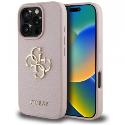 Husa pentru Apple iPhone 16 Pro Max, Guess, Grained Big 4G Logo Small Classic Logo, Roz foto