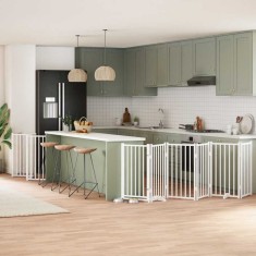 vidaXL Poartă c&acirc;ini pliabilă cu ușă 12 panouri, alb, 600 cm, lemn plop 3155707