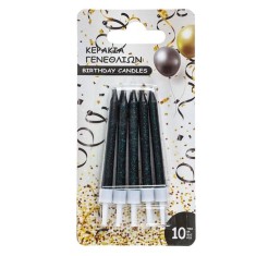 Set 10 lumanari pentru tort, negru cu glitter verde, 5 cm