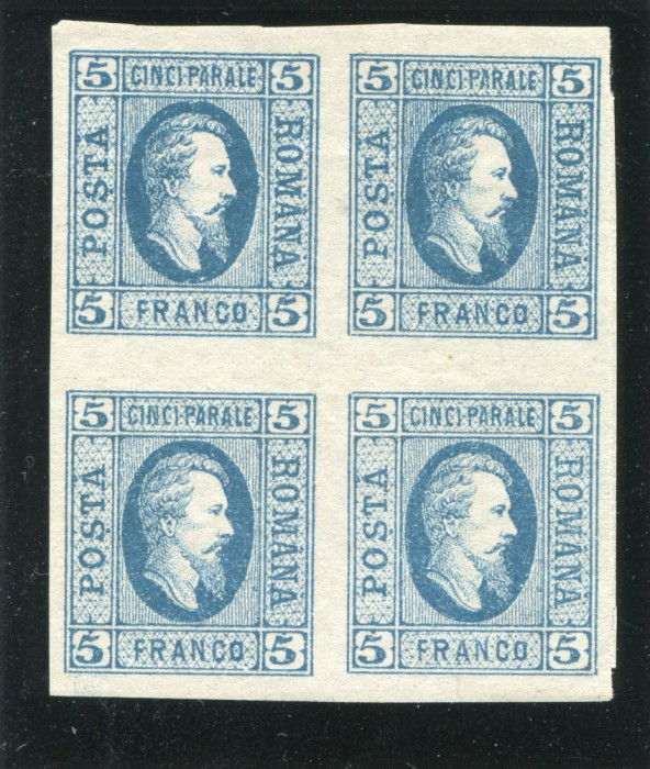 1865 , Lp 16 , Cuza 5 Par albastru deschis / h. alba , bloc de 4 timbre - MNH