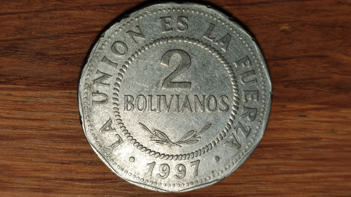 Bolivia - moneda de colectie mare - 2 bolivianos 1997 - 2 bold, hendecagonala