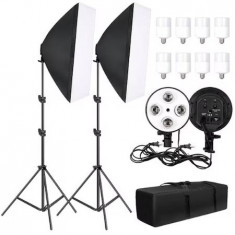 Kit foto studio,2 lumini softbox,trepiezi 200 cm,soclu de 4 becuri E27, 8 becuri LED 20W si geanta transport