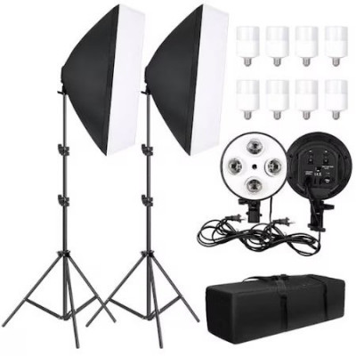 Kit foto studio,2 lumini softbox,trepiezi 200 cm,soclu de 4 becuri E27, 8 becuri LED 20W si geanta transport foto