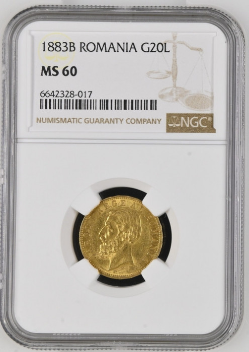 Moneda AUR 20 lei 1883, Carol I, MS 60 , gradat NGC, grad foarte bun