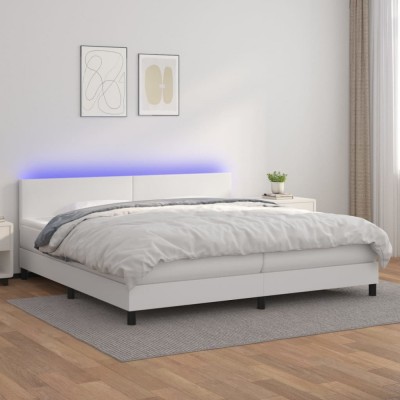 vidaXL Pat cu arcuri, saltea și LED, alb, 200x200 cm, piele ecologică 3134124 foto