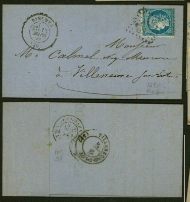 France 1873 Postal History Rare Old Cover + Content Bieumes to Villeneuve DB.514 foto