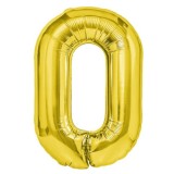 Balon din folie metalizata flippy, figurina cifra, tema aniversare 80 cm, ambalaj individual, pai inclus, umflare cu aer sau heliu, auriu, cifra 0