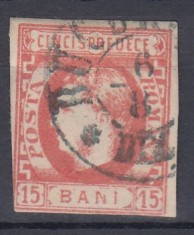 ROMANIA 1869 LP 27 REGELE CAROL I CU FAVORITI 15 BANI ROSU STAMPILAT BUCURESTI