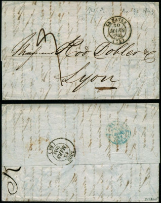 France 1843 Postal History Rare Stampless Cover + Content Le Havre Lyon D.1074 foto