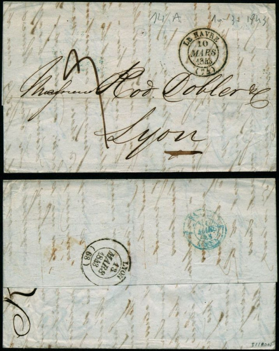 France 1843 Postal History Rare Stampless Cover + Content Le Havre Lyon D.1074