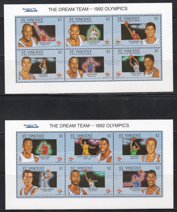 St. Vincent 1992 - J.O. - Barcelona, Dream Team-ul SUA la baschet, 2 Blocuri,MNH