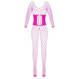 Catsuit-uri - Cottelli Fantezie Catsuit din Plasa Roz cu Ochiuri Mari Brodat cu Strasuri Stralucitoare Small-Large