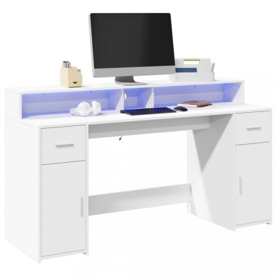 vidaXL Birou cu lumini LED, alb, 160x55x91 cm, lemn prelucrat 3309429 foto