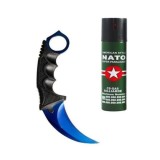 Cumpara ieftin Set format din Karambit albastru, teaca din plastic si spray Nato paralizant 60 ml