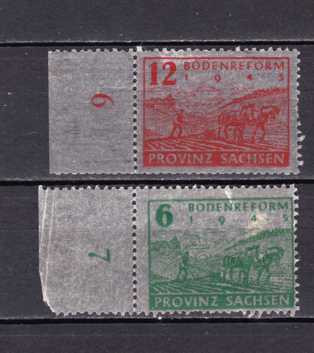 ✅ (S40)Germania 1946 -Emisiunile Aliatilor -Zona sovietica - Saxonia &quot; Reforma agrara&quot; ,serie Mi.90/91 hartie tigara ! dantelate , margine coala,MNH