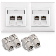 Set 2 Prize duble de retea RJ45 cu 4 mufe CAT 6A, Kwmobile, Alb, Metal, 45360.02