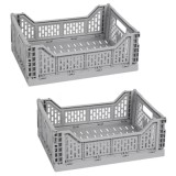 2 Cutii Depozitare Pliabile Plastic, 40x30x14.5 cm, Ladițe Stivuibile, Găuri Laterale, Multifuncționale, Organizare Casă, Gri