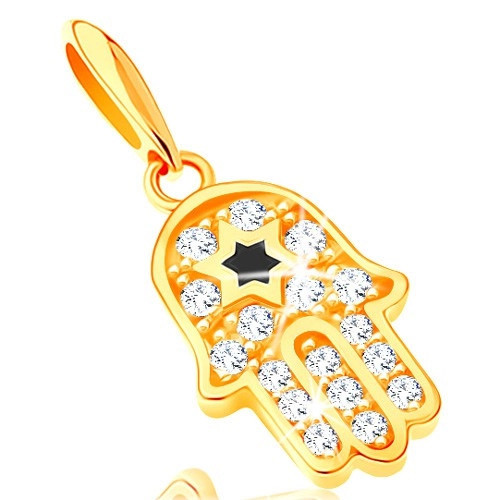Pandantiv din aur galben de 14K - Simbol hamsa cu zirconii transparente şi stea neagră