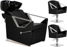 Set Scafă coafor profesională unitate de spălare model Lars + 2 x scaune de coafură hidraulic pivotant pentru picioare și accesorii bol ceramic