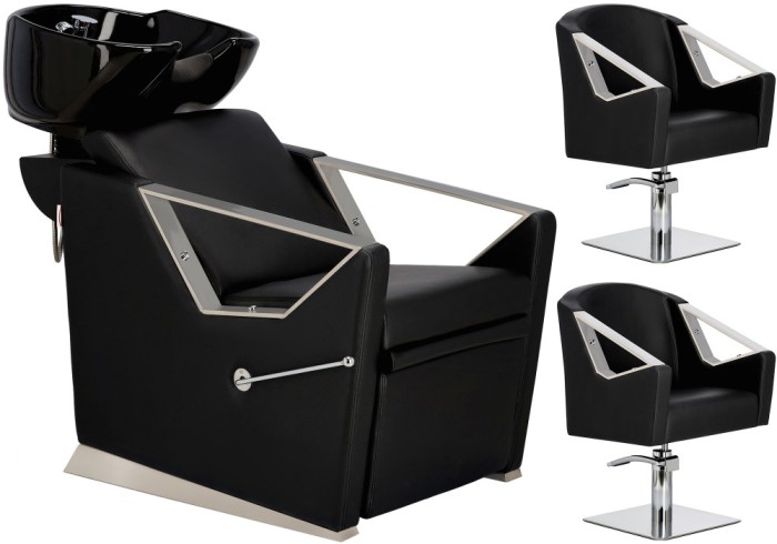 Set Scafă coafor profesională unitate de spălare model Lars + 2 x scaune de coafură hidraulic pivotant pentru picioare și accesorii bol ceramic