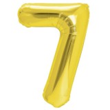 Balon din folie metalizata flippy, figurina cifra, tema aniversare 80 cm, ambalaj individual, pai inclus, umflare cu aer sau heliu, auriu, cifra 7
