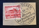 Germania (1938) -12+8 Pfennig "Gautheater Saarpfalz / Saarbr&uuml;cken" Fragment cu Ștampilă "Saarbr&uuml;cken 09.11.1938" (USED) CLK1