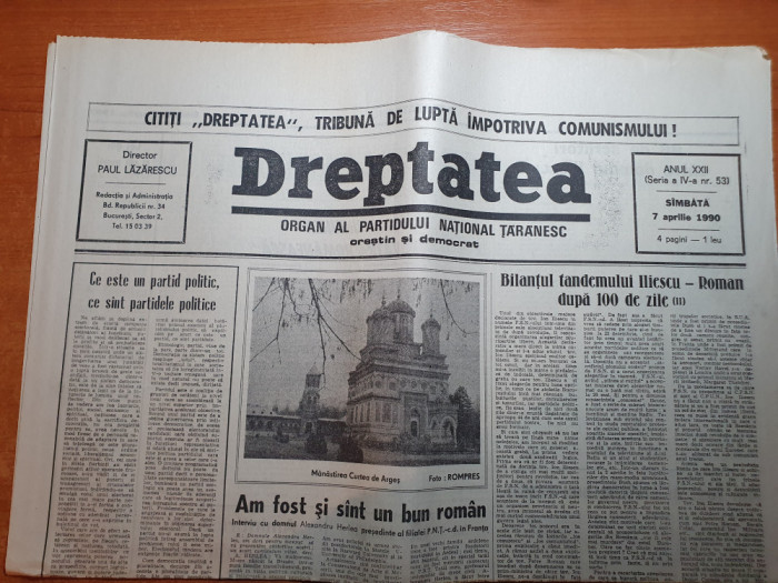 dreptatea 7 aprilie 1990-art&quot;bilantul tandemului iliescu-roman dupa 100 de zile&quot;