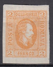 ROMANIA 1865 LP 15 ALEXANDRU IOAN CUZA EFIGIA DOMNITORULUI IN OVAL 2 PARALE PORTOCALIU GUMA ORIGINALA HARTIE VARGATA VERTICAL SARNIERA