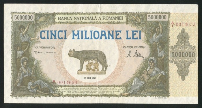 q504 ROMANIA 5000000 lei 1947 VF+ indoitura la mijloc