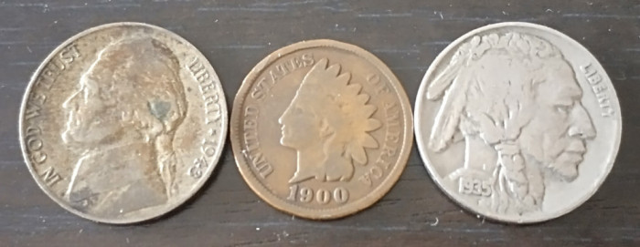 Lot Monede SUA - 1 Cent 1900, 5 Cents 1935 și 1943 P