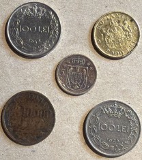 ROMANIA LOT(5)CINCI MONEDE REGELE MIHAI (1930,1943,1944,1946,1947)/ 5 + 100 + 100 +2000+10000 LEI