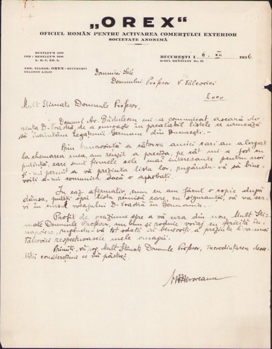 HST A1101 Scrisoare 1937 OREX către academician Victor V&acirc;lcovici