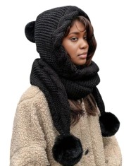 Caciula tricotata dama imblanita pe interior, cu fular integrat si pom pom, Negru