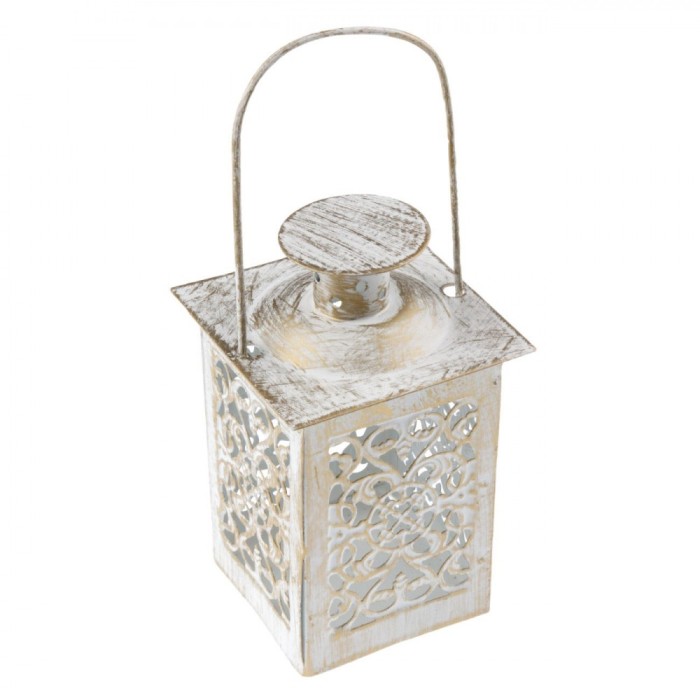 Felinar Metalic Decorativ, Model Perforat, Culoare Off-White și Auriu, Dimensiuni 6x12.5 cm