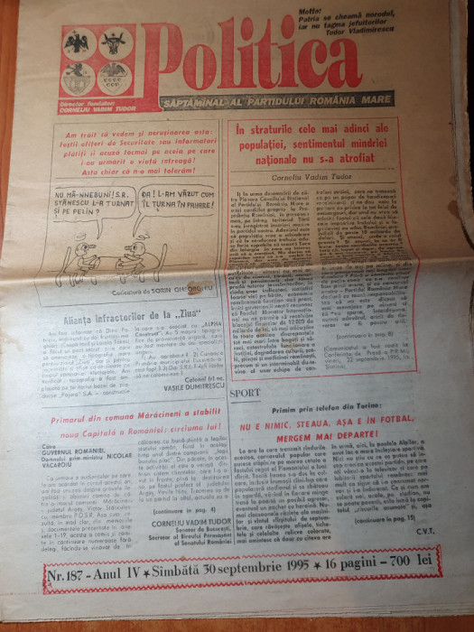 ziarul politica 30 septembrie 1995-art. corneliu vadim tudor,art. jud teleorman