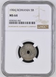 Moneda Romania 5 Bani 1906 J, Certificata NGC MS64, Colectie Numismatica