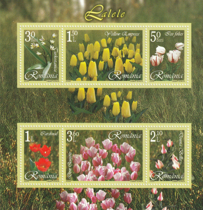 Romania 2006-Flora,Flori,Lalele,bloc 6 valori,dantelate,MNH