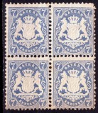 Cumpara ieftin ✅ (S35) Germania veche - Bavaria/Bayern 1875 " Stema embosata " 7Kr in bloc de 4 , Mi. 34 filigran linii ondulate, cota 35 &euro; , MLH -hartie ingalbenita