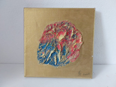 Tablou abstract, cu auriu, rosu si albastru, ulei pe panza, 20x20cm, foto