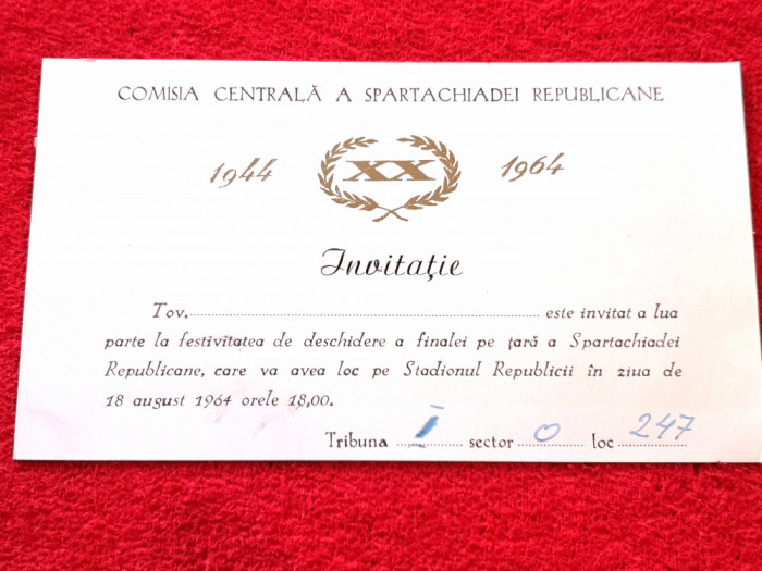 Invitatie festivitate deschidere Finala pe tara SPARTACHIADA REPUBLICANA 1964