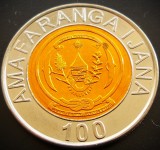 Moneda exotica bimetal 100 FRANCI - RWANDA, anul 2007 * cod 1149 = UNC : copper plated steel center in nickel plated steel ring