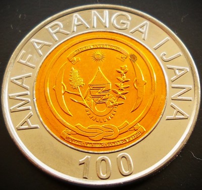 Moneda exotica bimetal 100 FRANCI - RWANDA, anul 2007 * cod 1149 = UNC : copper plated steel center in nickel plated steel ring foto