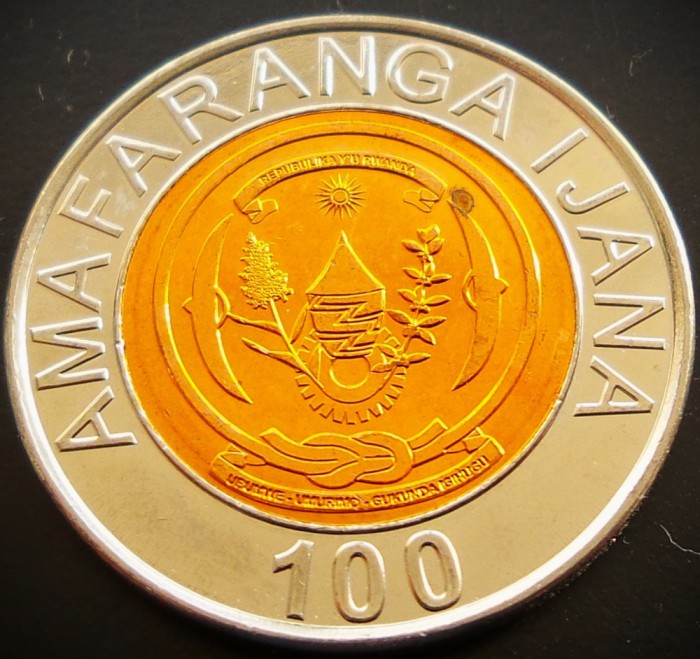 Moneda exotica bimetal 100 FRANCI - RWANDA, anul 2007 * cod 1149 = UNC : copper plated steel center in nickel plated steel ring