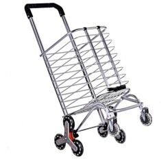 Carucior pentru cumparaturi pliabil, cu roti pentru urcarea scarilor, din metal si plastic, rezistent la apa, rugina si uzura, argintiu
