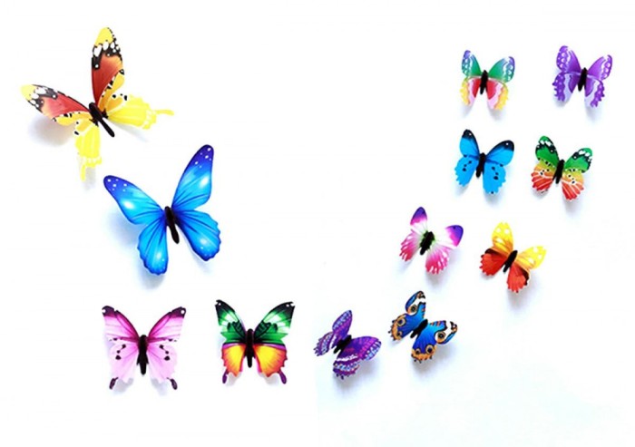 Set 12 fluturasi decorativi, autoadeziv, plastic, multicolor